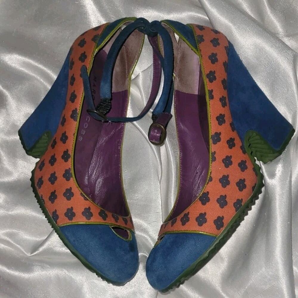 Marc Jacobs Color Block Peep Toe Mary Jane Multicolor Suede Heels, Cottagecore